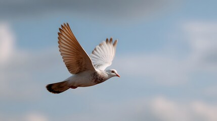 A single pigeon in mid flight against a cloudy blue sky