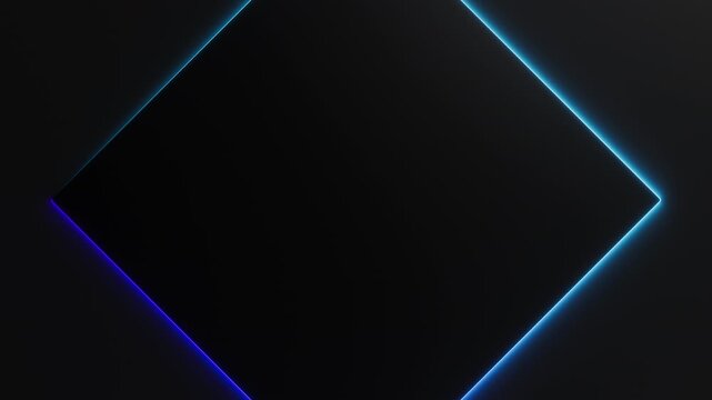 Blue neon light is moving around black rhombus frame on dark background. Seamless border cycling glow animation