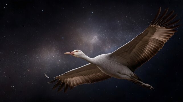 A majestic bird in flight soars through a vast star filled night sky creating an ethereal and wondrous scene