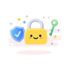 Secure Lock Icon Cute Flat Vector Illustration. Data Protection Padlock With Shield And Key.