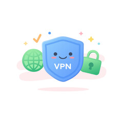 VPN Security Shield Icon Cute Flat Vector Illustration. Virtual Private Network Protection With Lock And Globe.