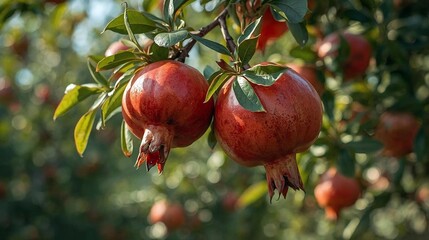 A ripe red pomegranate fruit hangs from a lush green branch in a sunlit organic orchard garden, ready for a fresh autumn harvest
