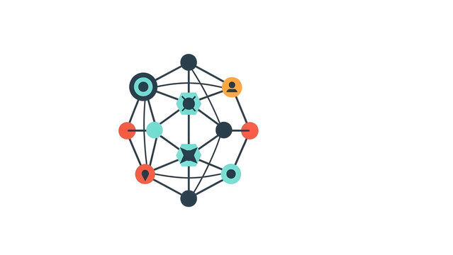 分散型AIガバナンスと組織の連携を示すフラットイラスト。多角的な視点とネットワーク、余白あり。