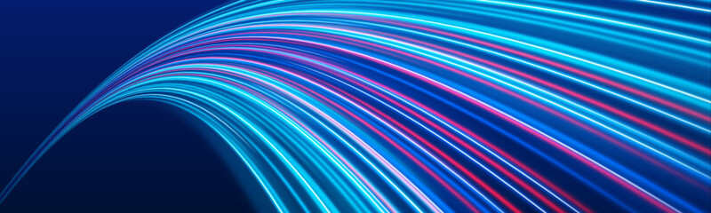 Futuristic neon laser streaks flow along a dark city road at night. Motion lines, glowing energy waves, and wave trail swirls depict high-speed traffic movement. Vector illustration.