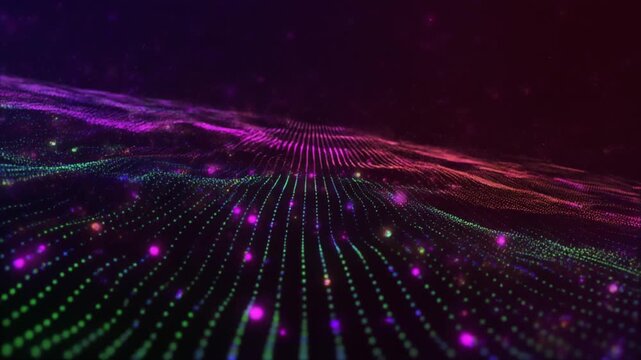 Exploring a Futuristic Digital Landscape of Neon Dots and Lines in a Dark Purple Virtual Space from a Wide-Angle View