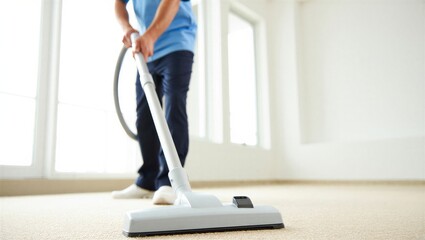 A man in a blue shirt is vacuuming a light-colored carpet in a well-lit room. Home cleaning and maintenance.