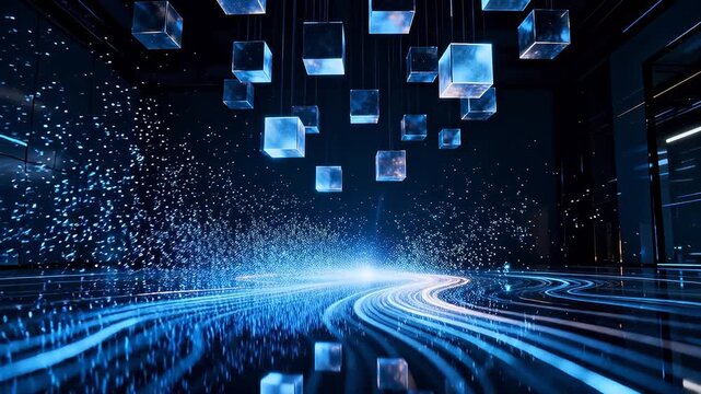 Floating transparent cubes with light particles in dark virtual space