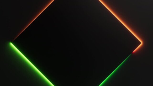 Green orange neon light is moving around black rhombus frame on dark background. Seamless border cycling glow animation