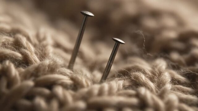 Two metal nails stuck in a chunky beige knitted fabric