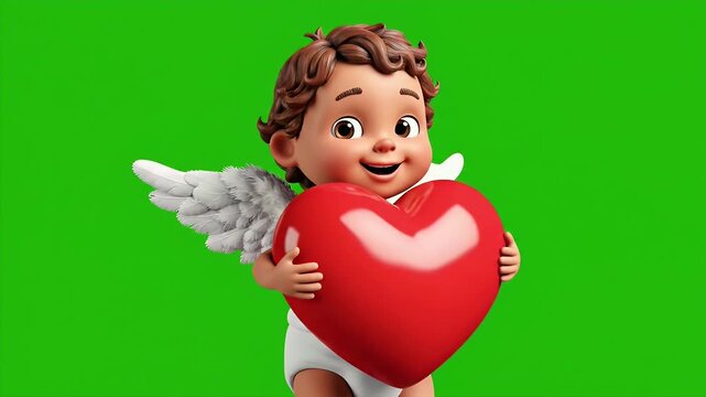 Cute Cupid Holding Heart on Green Background - A charming 3D illustration of a cupid character with wings holding a large red heart against a vivid green background.