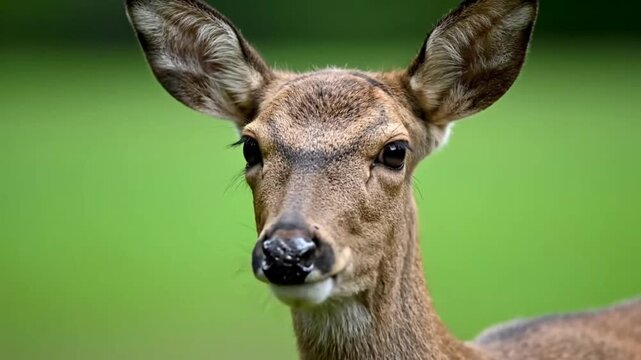 Detailed close up of a curious young deer face in a lush green meadow.