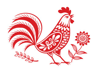 Traditional Red Rooster Folk Art Linocut Illustration