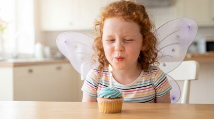 Young girl with fairy wings making a wish by cupcake on table  