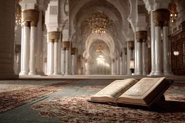 Open Quran in beautiful mosque interior with columns and arches