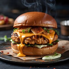 Smoky Gourmet Chicken Burger with Melted Cheddar Cascade &mdash; Close-Up Hero Shot