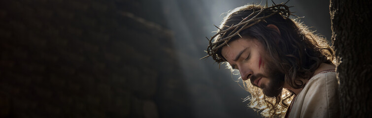 Side view. Jesus Christ, The savior of mankind. Banner.