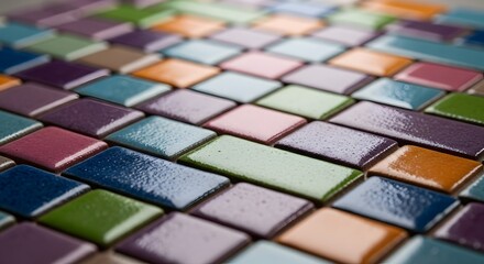 A detailed close-up shot of a mosaic pattern made of small rectangular ceramic tiles. The tiles display a variety of glossy colors including deep blues, vibrant purples, rich greens, and warm oranges.