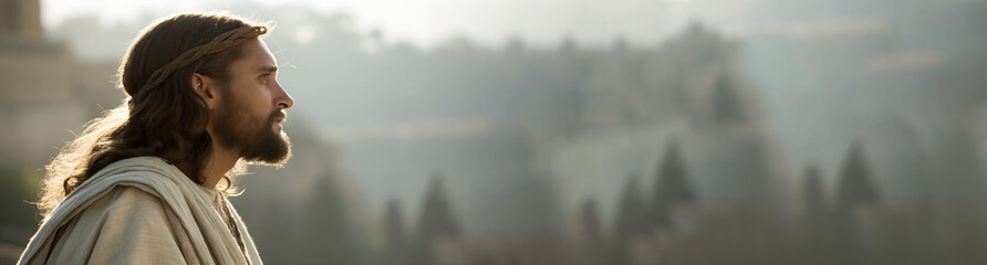 Side view. Jesus Christ, The savior of mankind. Banner.