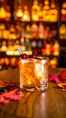 Drink in a crystal glass on a wooden table with a bar in the background and autumn leaves around the glass