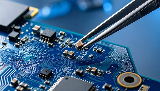 Precision placement of a tiny electronic component onto a complex circuit board by tweezers, macro photography