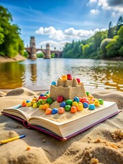 Book is open on the sand with a sand castle made of colorful candies on top of