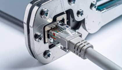 Detailed close-up of a professional crimping tool securely attaching an Ethernet cable connector to establish a reliable network connection, showcasing precision and technology
