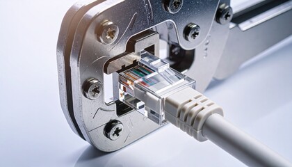 Close-up of an Ethernet cable connector being crimped with a network tool on a clean surface, highlighting technology and connectivity