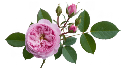 Pink rose with green leaves isolated on a transparent background
