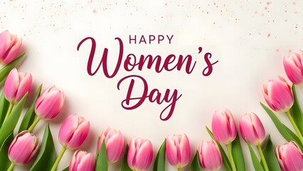 Happy women's day greeting with pink tulips and floral wishes