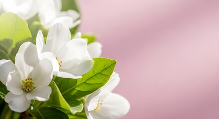 Fototapeta premium Close-up view of pristine white apple tree blossoms and lush green leaves, bathed in soft sunlight. The background is a smooth, gradient pink, creating a delicate and airy atmosphere.