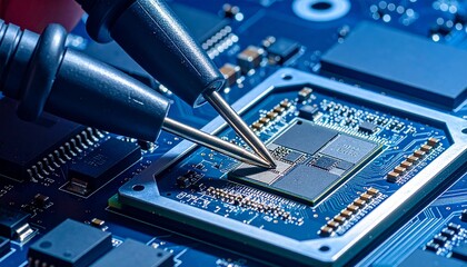 Close-up of a technician's hands using probes to test a complex microchip, highlighting electronic components and circuitry for technological innovation