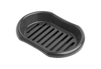 Elegant Dark Gray Plastic Soap Dish with Slotted Drainage, Perfect for Bathroom Hygiene and Tidy Countertops.