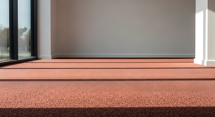Modern architectural interior featuring a textured coral-colored carpeted floor with distinct steps, bathed in natural light casting dramatic shadows across the surface.