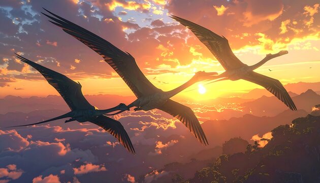 Pterodactyls soaring through a vibrant sunset sky, a prehistoric scene.