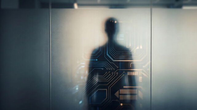 A single human shadow cast on a frosted glass wall, intersected by soft glowing circuit patterns reflected from outside light, minimal color palette, no visible face, conceptual photography about huma