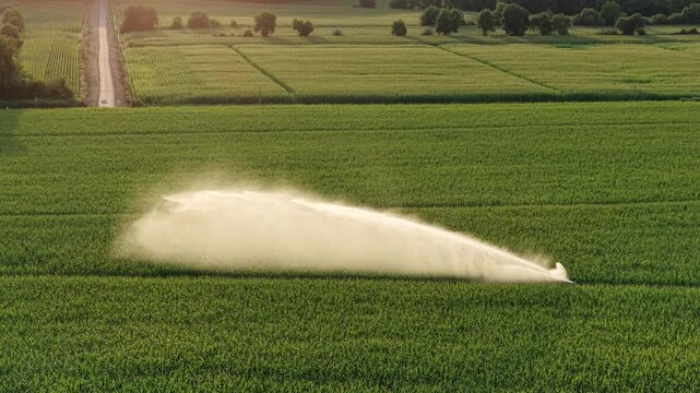 Irrigation of a field (corn monocropping). Agriculture in a hot summer in France