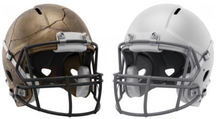 Football helmets side by side white brown cracked isolated on a transparent background