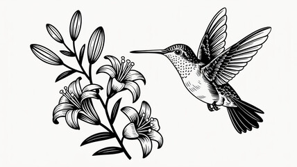 Obraz premium A black and white linocut illustration of a hummingbird in flight next to a lily flower branch.