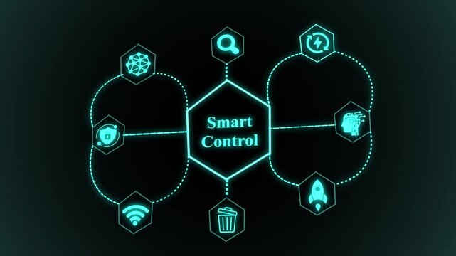 Smart control technology concept illustrating intelligent system regulation, real-time monitoring networks, automated processing, and digital control flow.