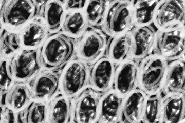 Bubble Wrap Pattern in Black and White: A high-angle monochrome shot showcases the intricate bubble wrap design, a symbol of protection, showcasing the textures and shadows of its translucent forms.