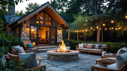 Large house with a fireplace and a patio with many chairs