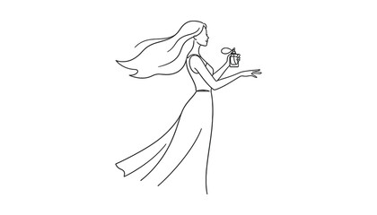 Continuous one line art drawing of a woman with long hair is holding a perfume bottle in her hand.