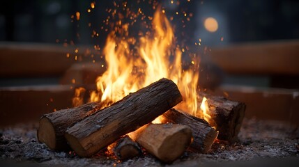 A vibrant campfire burns with glowing orange flames smoldering logs and flying sparks in the evening