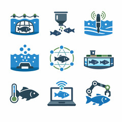 Aquaculture technology icons: feeding, monitoring, automation, temperature, networking