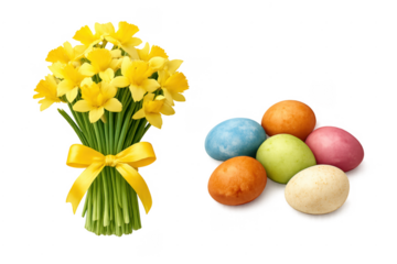 Easter daffodils and colorful eggs celebrating spring holiday