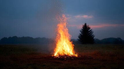A large vibrant bonfire blazes brightly in a field during twilight casting a warm glow against the darkening sky