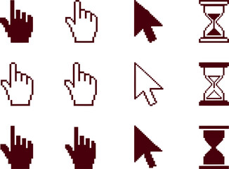 Set of Retro Pixel Art Computer Cursors, Hand Pointer and Hourglass Icons Vector Illustration