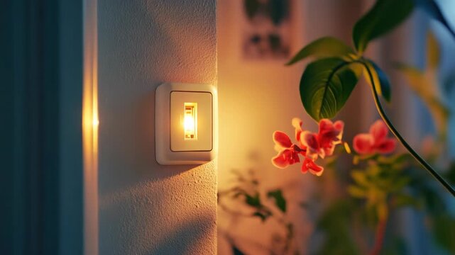A light switch is lit up and a plant is next to it. The plant is a pink flower