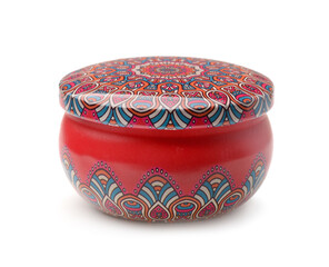 Colorful decorative tin jar isolated on white