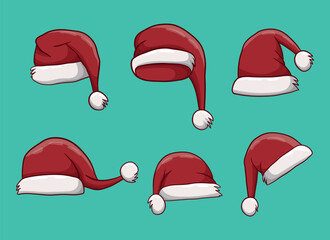 Set of Christmas Santa Hats in Various Positions and Angles, Vector Illustration